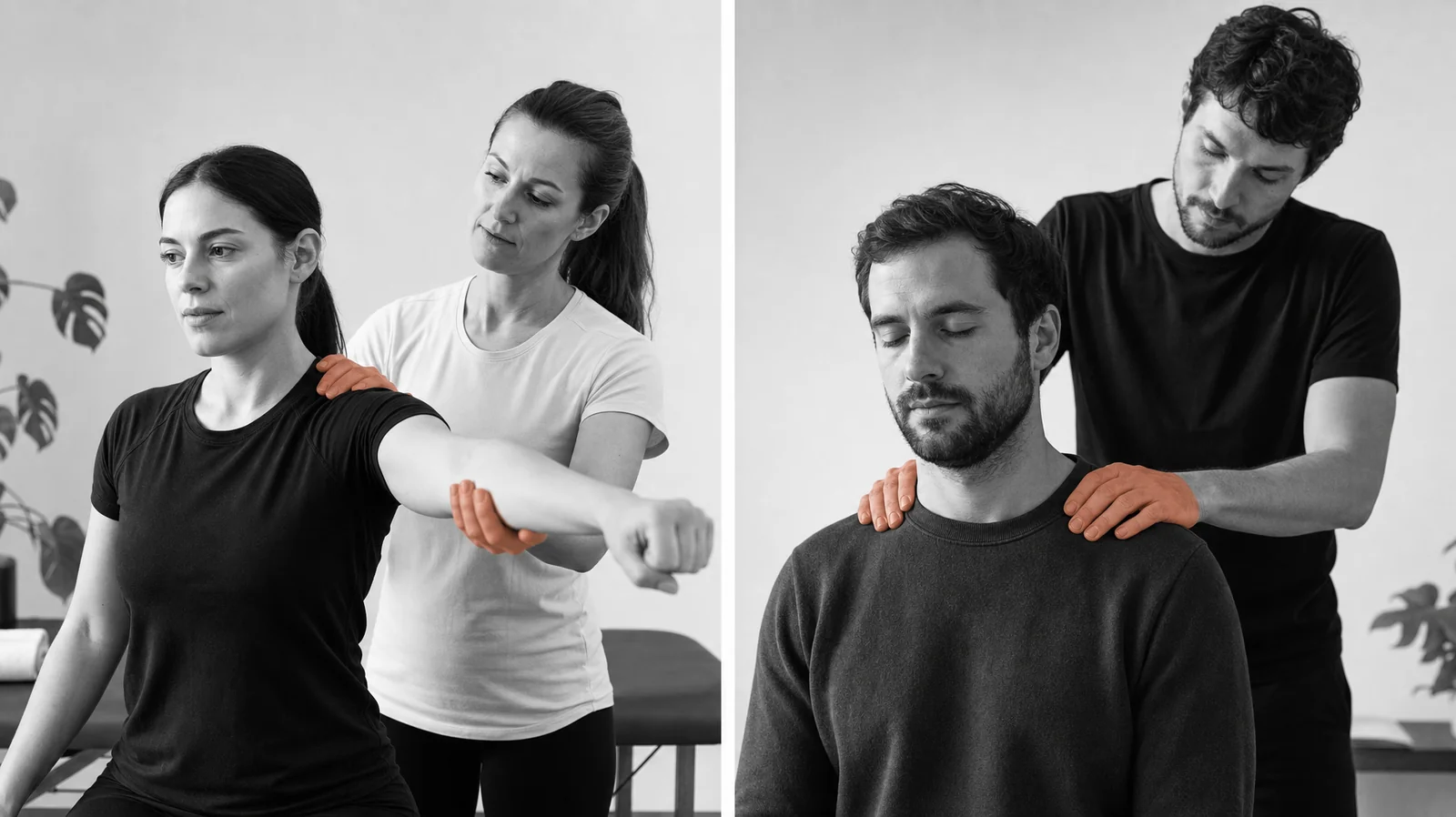 Fysioterapeutti tekee liiketutkimusta ja hieroja käsittelee olkapäitä