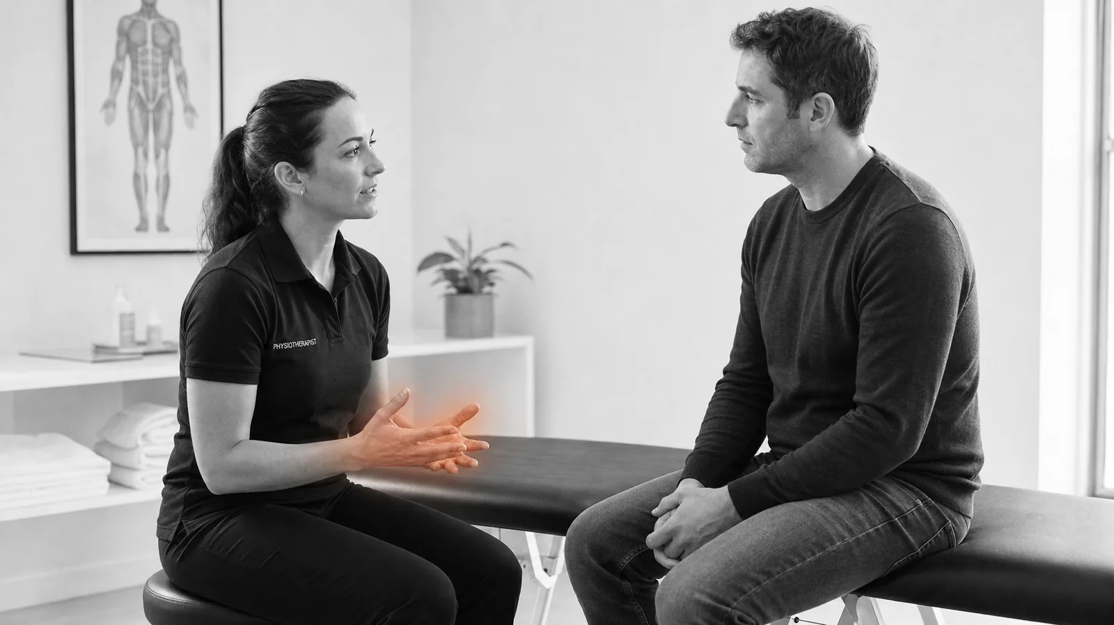 Fysioterapeutti keskustelee potilaan kanssa hoitosuunnitelmasta vastaanotolla