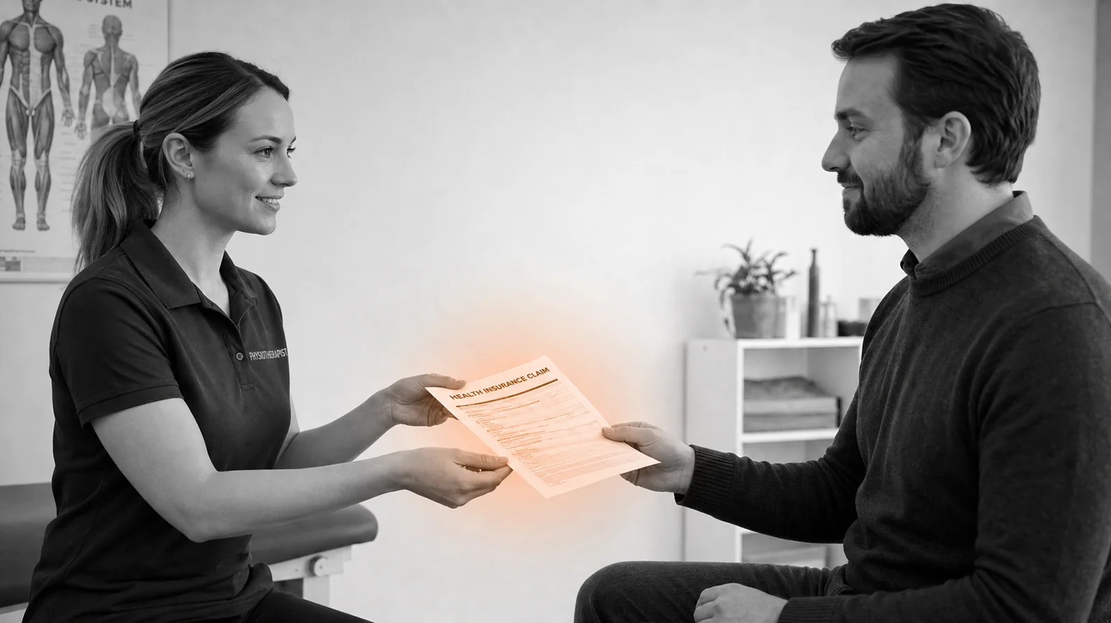 Fysioterapeutti ojentaa asiakkaalle korvausasiakirjaa vastaanotolla