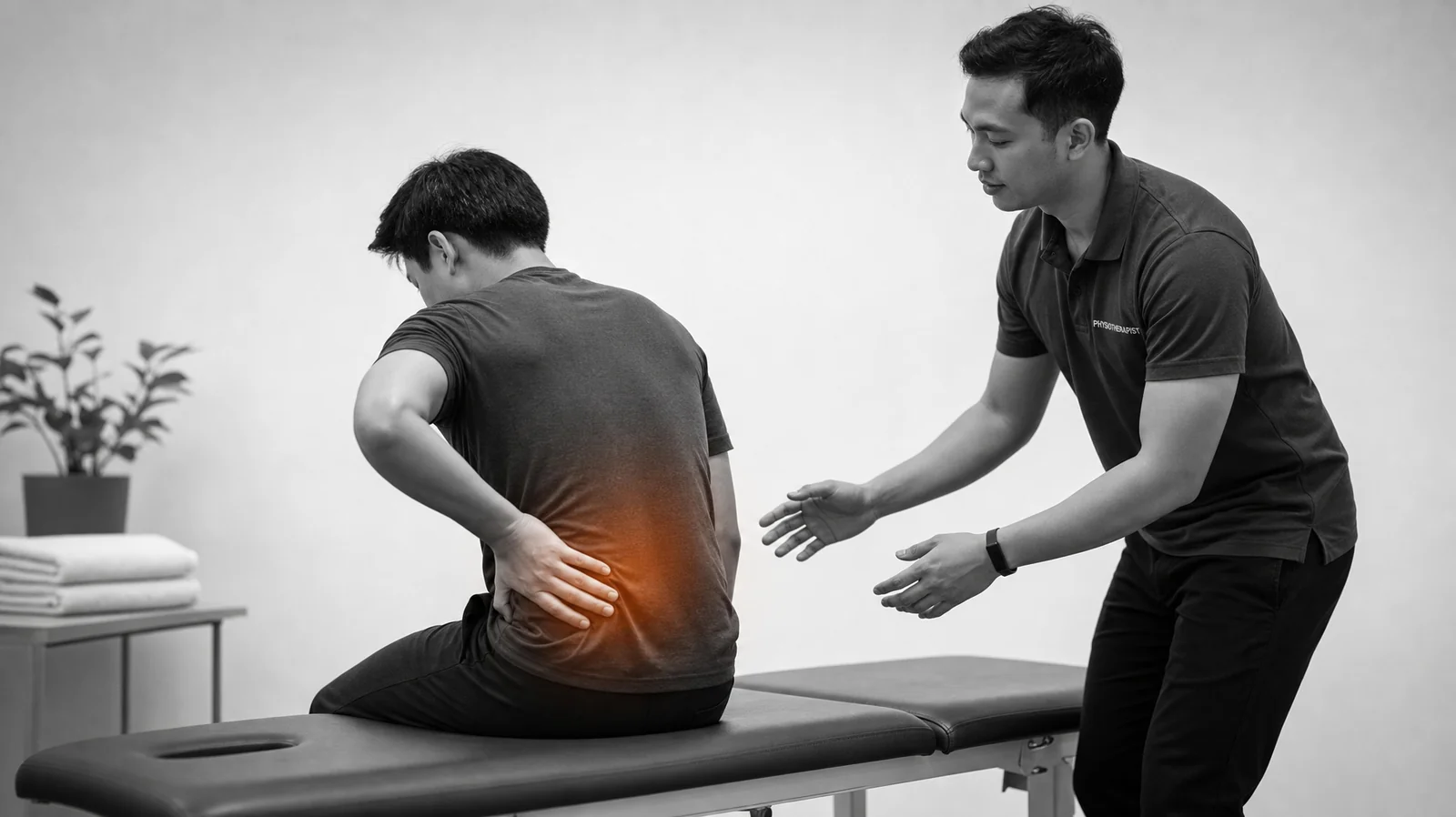 Henkilö istuu alaselkäkivun kanssa ja fysioterapeutti tulee auttamaan